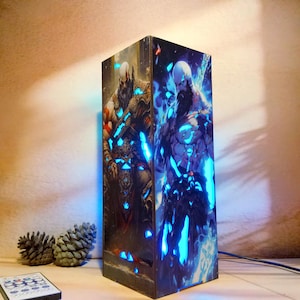 GOW Warrior-Inspired Wooden box Lamp, featuring 4 Iconic Forms-Heroic Warrior, God of Thunder, God of the Sea, and The Guardian, RGB Lamp