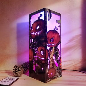Ręcznie robiona lampa w drewnianej skrzyni inspirowana dynią na Halloween, oświetlenie RGB, upiorny wystrój na Halloween, prezent na powrót do szkoły, prezent dla dziecka, lampa na Halloween