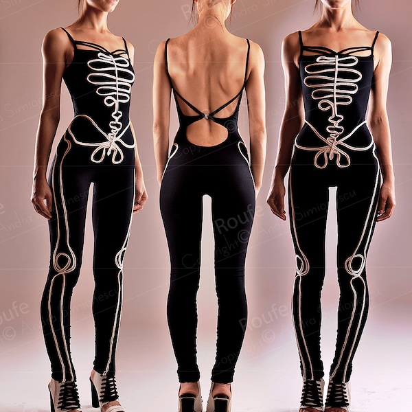 Halloween Costume - Open Back Formfitting Catsuit - Cotton Jersey Playsuit Sexy Skeleton Jumpsuit  Halloween Party Outfit Scary Costume