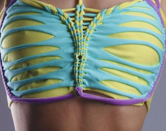 Braided Halter Velvet Crop Top In Colorful Cotton Jersey And Velvet