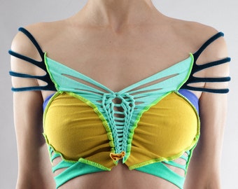 Colorful Braided Harness Crop Top: Velvet & Jersey Strappy Top
