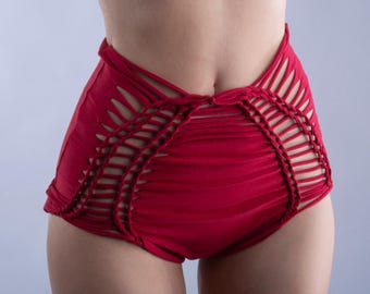 High-Waist Cut-Out Cotton Underwear | Handmade Jersey slit weave Lingerie Briefs | Sculpting Festival-Style Bottoms