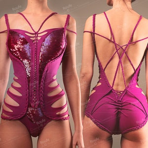 May include: A magenta swimsuit with a criss-cross back design and a sequined front panel.