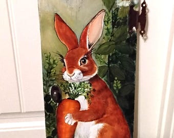 Folk Art Bunny Rabbit, Hand-painted on Old Door Cottagecore Rustic Farmhouse Boho Style Bohemian Chic Animal Artwork Primitive Wall Decor