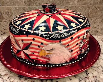 Vintage Aluminum Hand-painted Domed Lid, Patriotic Decor, Bald Eagle, Statue of Liberty, Americana, Rustic, Folk Art, Art Deco, Colonial