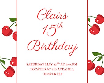 Invitación de cumpleaños editable con diseño de cereza, linda invitación de cumpleaños con diseño de cereza, descarga instantánea