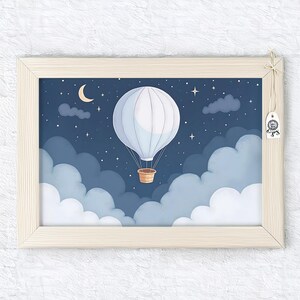 Cosmic hot-air balloon drifting through starry space nursery wall art printable, bringing dreamy sky adventure to baby rooms