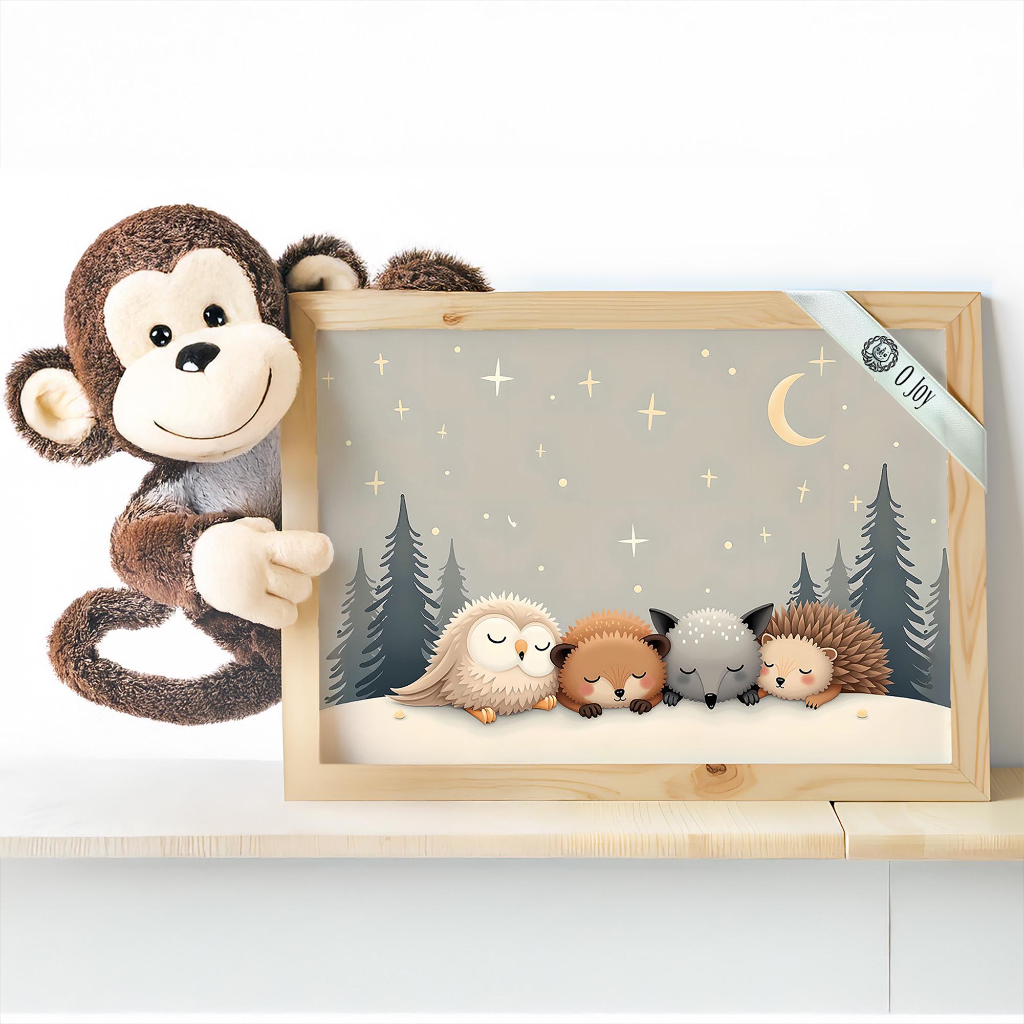 Nighttime nursery wall art printable with dreamy owl, bat, and hedgehog under stars in soft colors f