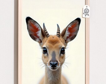 Baby klipspringer nursery wall art printable, realistic tiny antelope portrait bringing unique safari grace to baby rooms