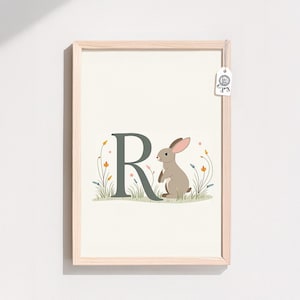 Arte de pared imprimible con el alfabeto de conejo y la letra R para guardería, estampado de conejito esponjoso para habitación de bebé de primavera y decoración de guardería en tonos pastel.