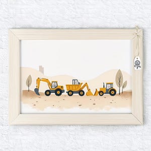 Friendly construction vehicles nursery wall art printable with dump truck and bulldozer, teaching teamwork while decorating baby rooms
