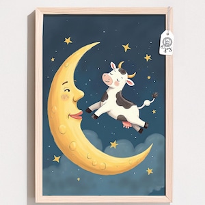 Cow jumping over the moon nursery wall art printable, soft pastel rhyme scene bringing whimsical night charm to baby rooms
