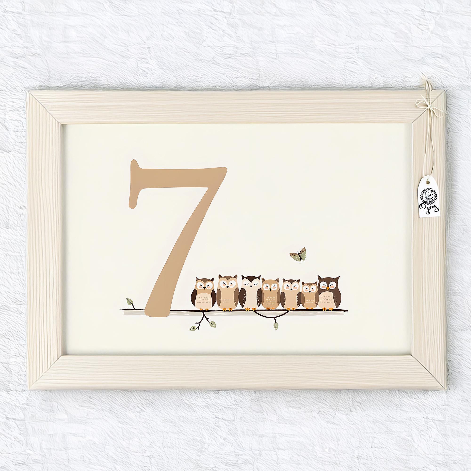 Number 7 Owls nursery print seven gentle night birds perched quietly, adding calm counting magic to