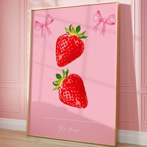 Strawberry Poster – Ma Fraise French wall Art, Coquette Aesthetic Print, Pink Kitchen Decor, Cute Fruit Art, Soft Girl Room Decor, dorm deco