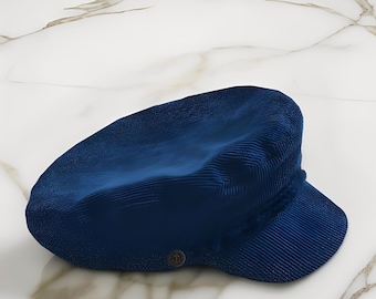 Classic Navy Blue Corduroy Fiddler Cap, Unisex Sailor Hat, Nautical Fisherman Cap, Baker Boy Style Headwear, Captain Style Headwear Gift