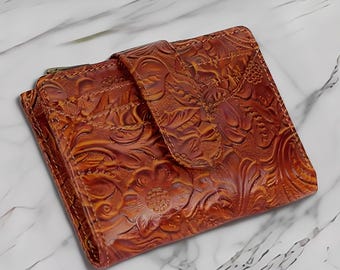 Luxury Embossed Cowhide Wallet, Handcrafted Floral Bifold for Her, Vintage Tooled Leather Bifold Wallet, Floral Purse for Women