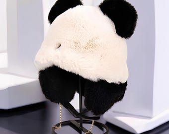 Cappello da donna in pelliccia sintetica di alta qualità con motivo panda, berretto invernale e sciarpa, divertente cappello da cosplay di Halloween per ragazze