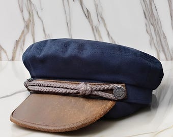 Cappello da violinista con visiera in vera pelle, berretto da capitano della marina, stile pescatore greco Summerwood, regalo unico, abbigliamento maschile unico