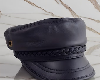 Men's Genuine Leather Sailor Hat, Genuine Leather Cap, Men's Sailor Hat, Braided Band Fiddler Cap, Newsboy Style, Unique Captain Cap Gift