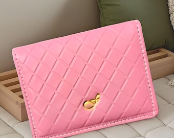 Warren Pink Rhombus Genuine Leather Card Holder Patterned Slim Wallet for Women