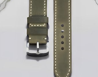 Vintage Full Stitching Army Genuine Leather Watch Strap, Leather Watch Strap, Handmade Strap, Leather Strap