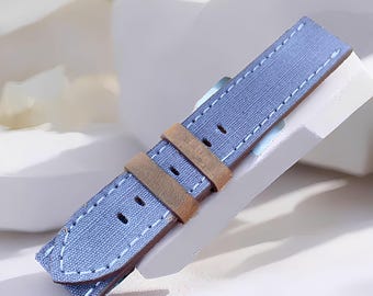 Classic Denim Watch Band with Real Leather Accents, Leather Watch Strap, Handmade Strap, Leather Strap, Genuine Cowhide Leather