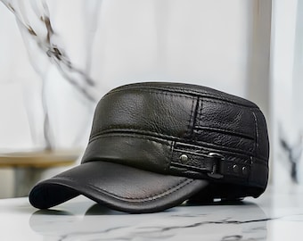 Cappello da uomo in vera pelle in stile militare, berretto da commando regolabile, stile classico dell'esercito, regalo per uomo, streetwear