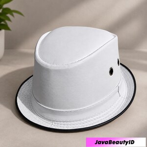 Real Cowhide Leather White Fedora Hat, Adult Wide Brim Laken Cap
