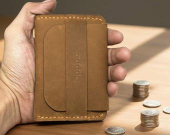 Crazy Horse Cow Leather Card Holder , Minimalist Slim Wallet, Rustic Vintage Front Pocket EDC