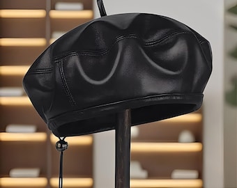 Cappello basco in vera pelle, basco in pelle da donna, stile francese, berretto da donna in pelle bovina di alta qualità, classico accessorio di moda parigino