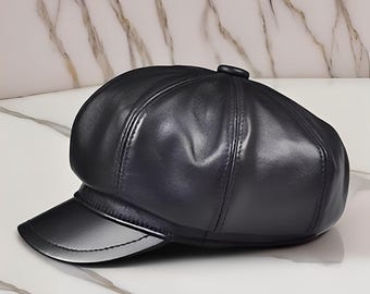 Boné de jornaleiro de couro legítimo, chapéu de padeiro estiloso masculino, boné plano, detalhe exclusivo de botão e pregas, boné ajustável, boné de couro feito à mão