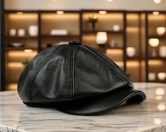Cappello da uomo in vera pelle, stile vintage a 8 pannelli, basco in stile vintage, regolabile, regali unici per lui, cappello invernale.