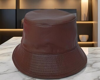 Cappello da pescatore unisex in vera pelle, cappello da pescatore nero o marrone fatto a mano, copricapo in pelle unico ed elegante di ispirazione retrò