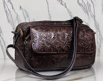 Genuine Premium Leather Bag, Embossed Floral Crossbody Clutch, Genuine Cowhide Sling Bag, Artisan Craftsmanship, Perfect for Woman's