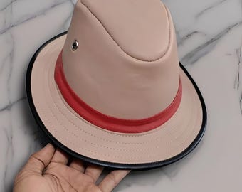 Vintage Beige Leather Fedora, Authentic Cowhide Trilby, Optional Red Hat Band, Classic Dress Hat, Unique Gift, Classic Style