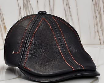 Classic Genuine Leather Flat Cap, Men's Ivy Cap, Vintage Driving Hat, Black or Brown, Premium Headwear Gift, Vintage Style Cap