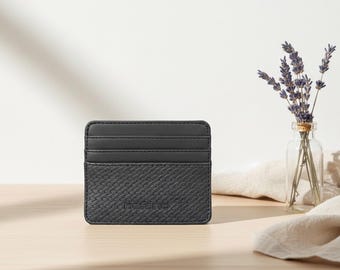 Black Leather Card Holder, Slim Minimalist Wallet for Men & Women