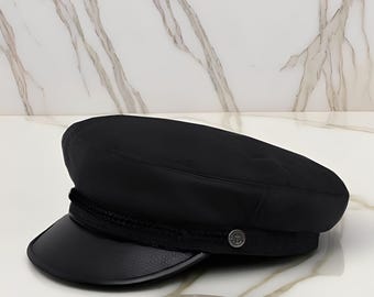 Classic Greek Fisherman Hat, Wool Blend Cap, Real Leather Brim, Vintage Fiddler Hat, Stylish Unisex Headwear, Vintage Style, Unique Gift