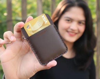 Genuine Leather Card Holder Wallet, Handmade Dark Brown Slim Minimalist Card Case, Unique Cowhide Pocket Card Sleeve Gift