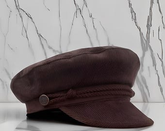 Unisex Brown Corduroy Fiddler Hat, Deep Sepia Baker Boy Cap, Nautical Sailor Style Cap, Retro Accessories Gift, Retro Style Headwear