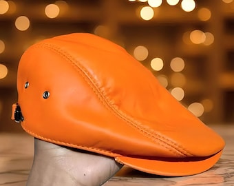 Classic Orange Genuine Leather Flat Cap, Unisex Handmade Driving Hat, Unique Headwear for Men & Women, Newsboy Style