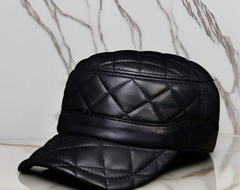 Men's Genuine Lambskin Baseball Cap, Diamond Quilted Stitching, Soft Sheepskin Dad Hat, Premium Quality Headwear