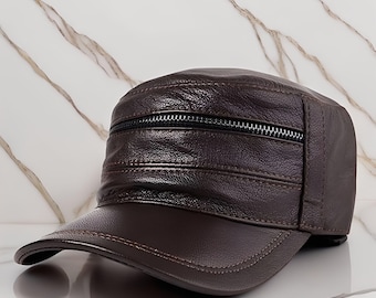 Men's Genuine Leather Cap, Secret Zipper Pocket, Unique Cuban Cap, Premium Quality, Adjustable Headwear, Military Style, Stylish Design