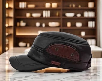Men's Genuine Leather Military Style Cap, Unique Brown Side Panel, Adjustable, Army Hat, Unique Hat, Unique Gifts for Him.