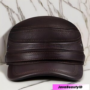 May include: A dark brown leather cap with a curved brim and a structured crown. The cap features horizontal stitched details and a band across the front. The cap is displayed on a white and gray marble surface.
