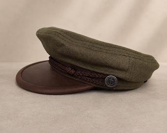 Casquette de marin pour homme olive foncé, authentique chapeau de pêcheur grec, toile olive foncé, casquette à visière en cuir marron, style nautique vintage, cadeau unique