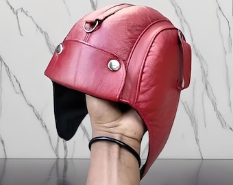 Red Genuine Leather Aviator Hat, Trapper Cap with Ear Flaps, Biker or Motorcycle Headwear, Unique Ring Detail, Aviator Style