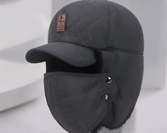 3in1 Winter Bomber Hat with Face Mask and Ear Flaps Unisex Thermal Trapper Ushanka Cap Windproof Skiing and Cold Weather Gear