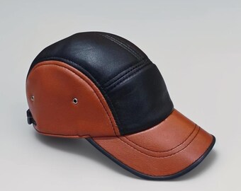 Men's Handmade Two-Tone Leather Baseball Cap, Bicolor Genuine Leather Jockey Hat, Unique Black and Tan Headwear for Him