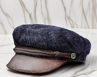 Classico berretto da marinaio in jeans, tesa in vera pelle, cappello da pescatore greco, combinazione di denim e pelle, abbigliamento casual vintage, regalo elegante per lui